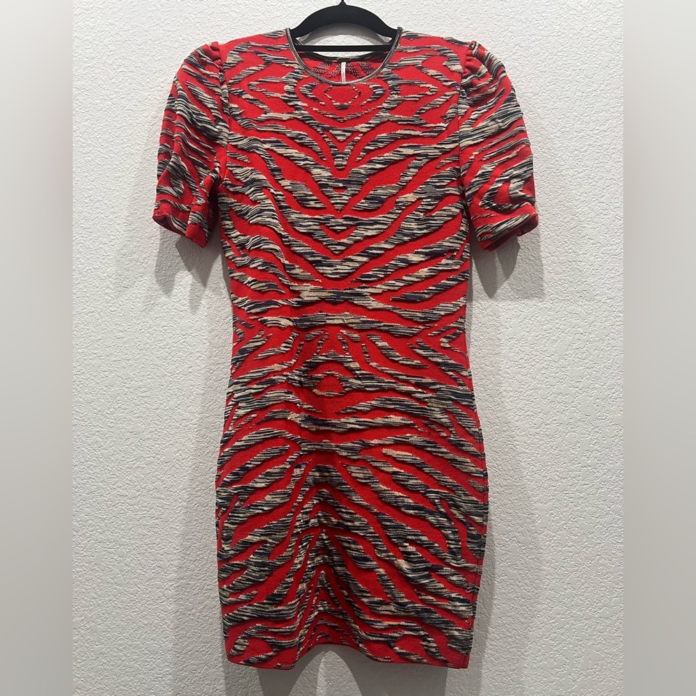 Free People Red and Black Puff Sleeve Bodycon Dress